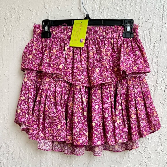 LoveShackFancy cherry wine ditzy floral tiered mini skirt size small